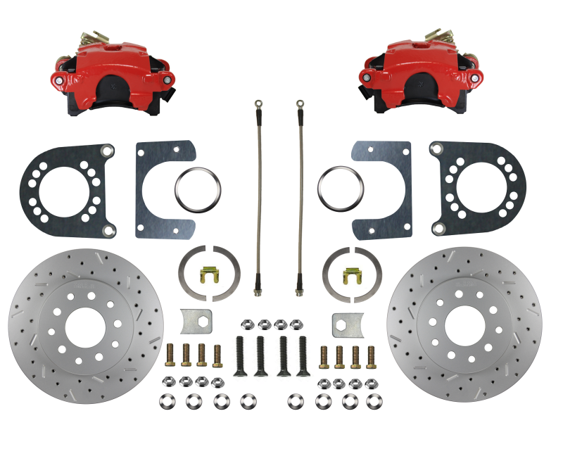 Rear Disc Brake Conversion Kit -Red Powder Coated Calipers – Ford 8-9in Small Bearing